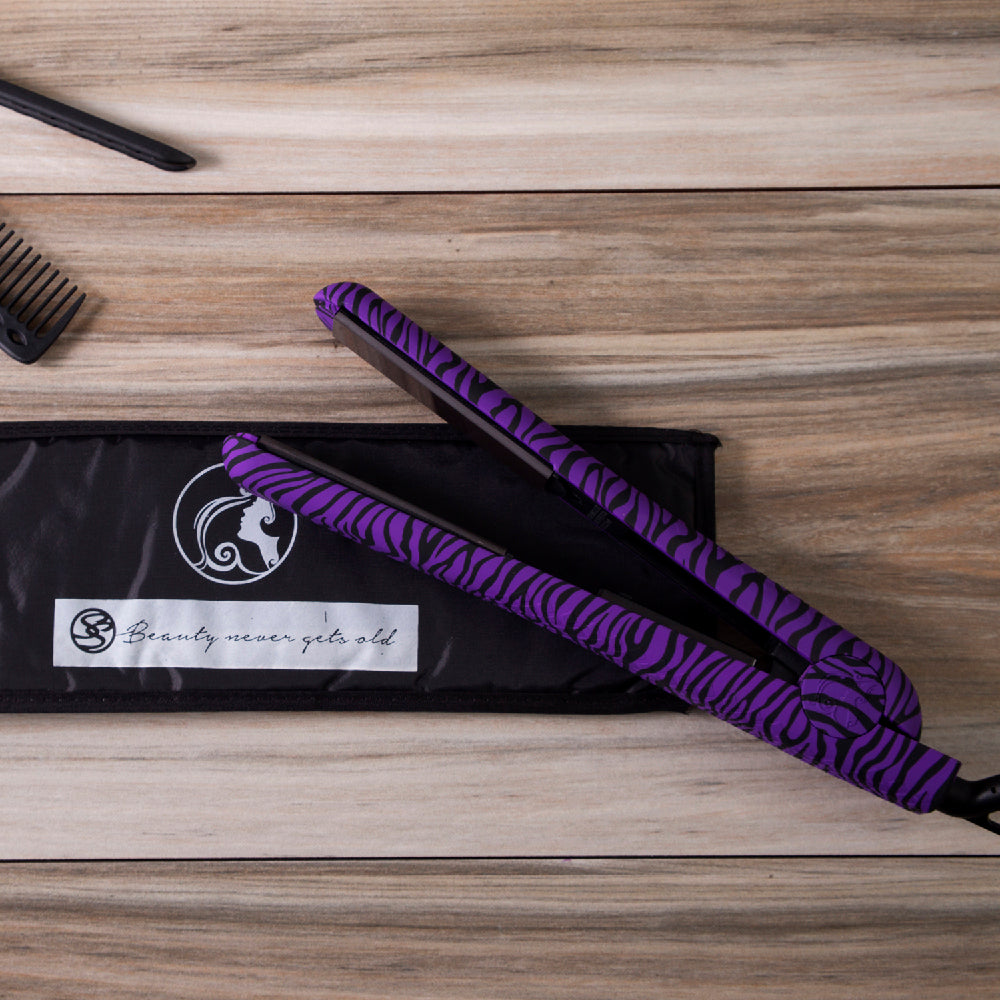Classic Print 100% Ceramic Tourmaline Plates Soft Touch Hair Straightener - Purple Zebra - RoyaleUSA